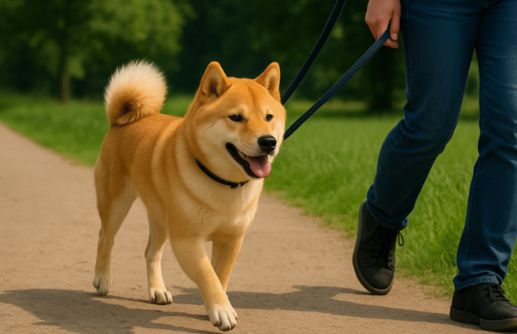 散歩している柴犬